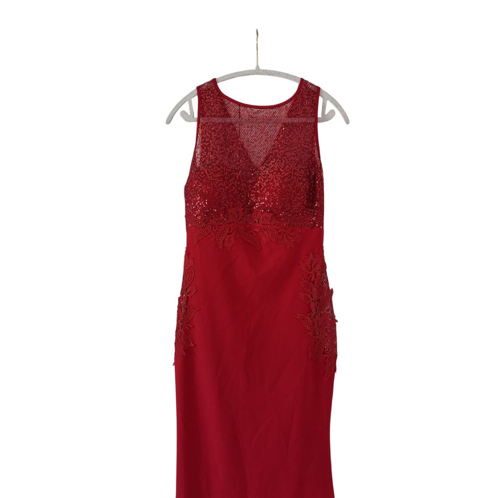 Red Sleeveless Sequin Evening Gown with Lace Detail - Picture 4 of 10
